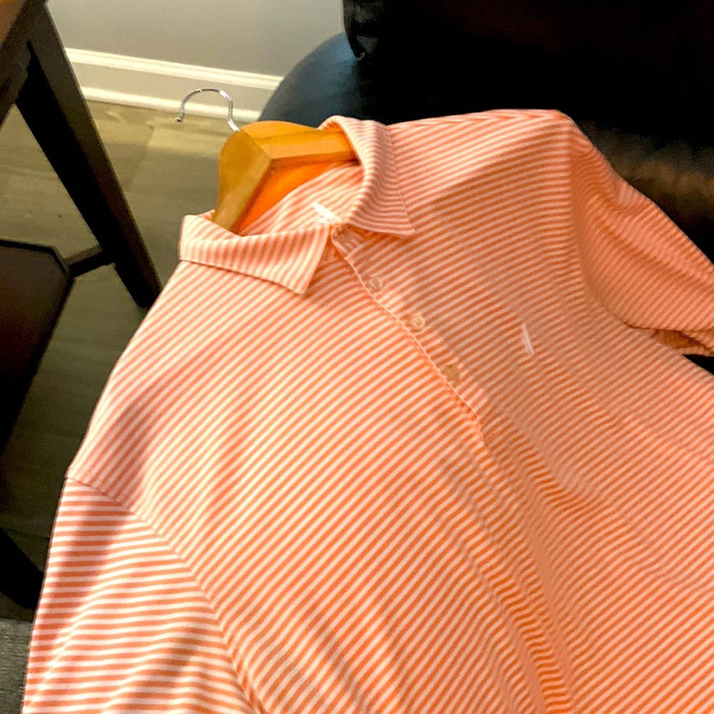 Polo from “johnnie-O” Horizontal orange & white pinstripes.